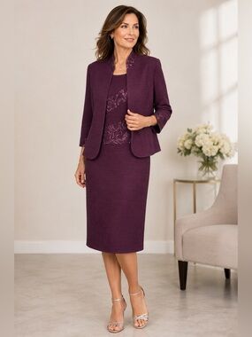 Brianna Milay Purple 2 Piece Dress Jacket Set Size 14 Sequin Embroidered